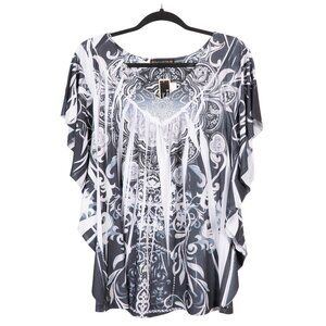 Paisley VNeck Ruffle Blouse XL Black White Shirt Fairy Boho Festival Sublimation